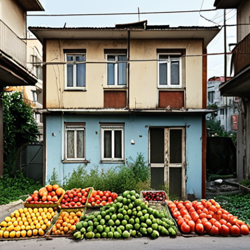 **

Prompt: "A stark visual of a food desert in Istanbul. Overgrown lot next to a run-down apartment building. Limited access to fresh produce. Emphasize the lack of vibrant grocery stores and the desolation. Depict economic disparity and urban neglect. Incorporate Turkish signage and architectural styles."

**