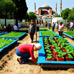 A vibrant community garden in Istanbul, Turkey. People of all ages are tending to vegetable patches, with the Hagia Sophia visible in the background. Focus on the rich colors of the produce and the happy faces of the gardeners. Include elements of urban farming, such as raised beds and compost bins.
