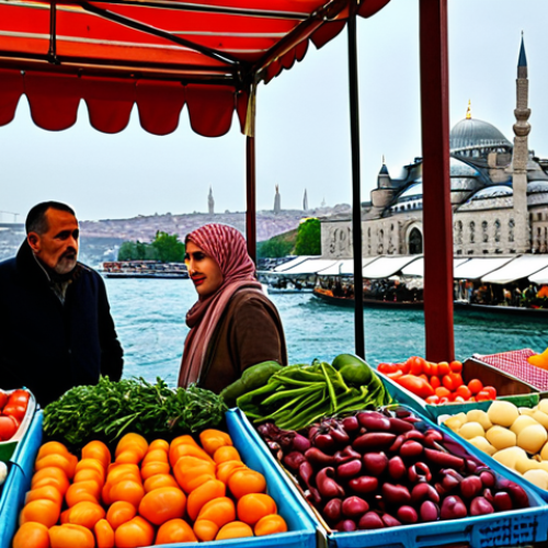 **

A vibrant farmers market scene in Istanbul. Local vendors are selling fresh produce (fruits, vegetables, cheeses, olives). Shoppers are browsing the stalls. The background includes recognizable Istanbul architecture (a mosque minaret or a glimpse of the Bosphorus). Focus on the colorful, fresh, and local aspects.

**