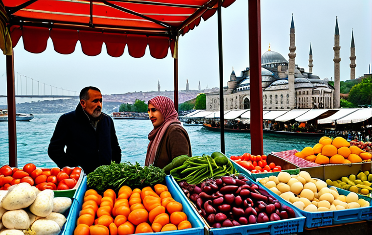 **
A vibrant farmers market scene in Istanbul. Local vendors are selling fresh produce (fruits, vegetables, cheeses, olives). Shoppers are browsing the stalls. The background includes recognizable Istanbul architecture (a mosque minaret or a glimpse of the Bosphorus). Focus on the colorful, fresh, and local aspects.
**