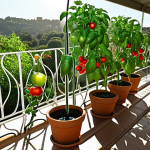 ** A lush balcony garden with thriving tomato plants being watered by a smart watering system. The system utilizes sensors and tubes. Sun shining.

**