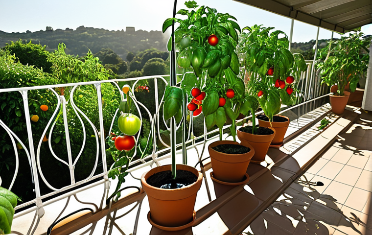 ** A lush balcony garden with thriving tomato plants being watered by a smart watering system. The system utilizes sensors and tubes. Sun shining.
**